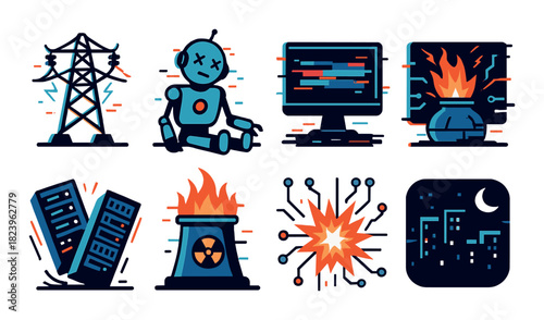 Neon glitch icons of technology and disaster with electric, fire, and robot elements