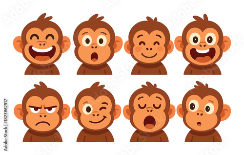 Cartoon monkey facial expressions set displaying various emotions