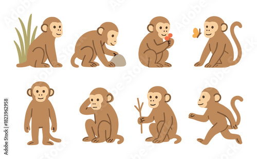 Cute cartoon monkeys displaying various activities on a warm brown background