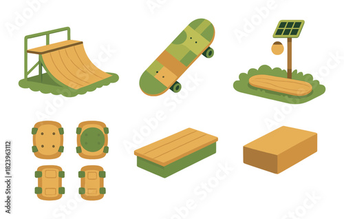 Skate park elements with ramps, skateboard, and solar-powered bench on gradient background
