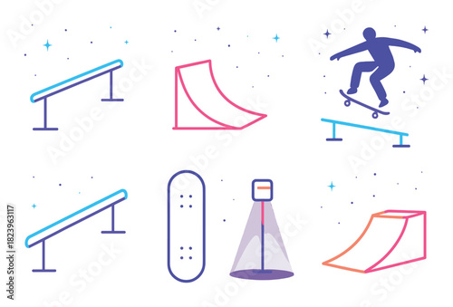 Neon skateboarding elements: ramps and railings with skateboarder silhouette