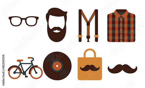 Vintage hipster icons featuring bicycle, record, and beard style elements