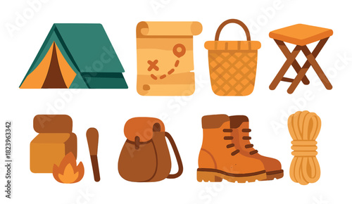 Camping essentials: tent, map, basket, stool, backpack, boots, rope
