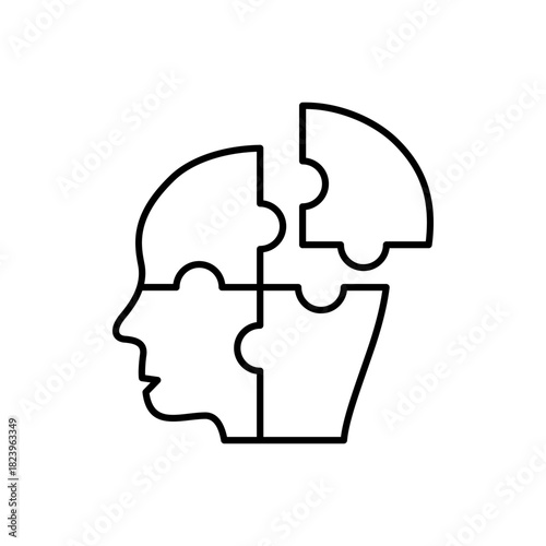 Human head profile and jigsaw puzzle, cognitive psychology or psychiatry therapy concept icon vector design