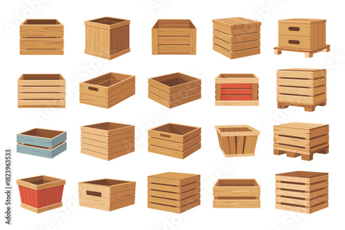 Collection of various wooden crates and boxes for storage and transport