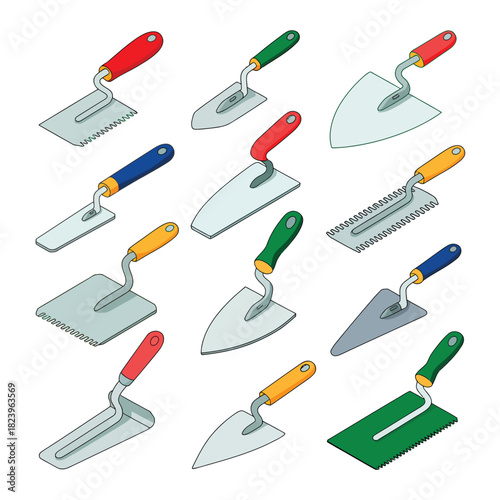 Collection of various trowels and masonry tools on a white background