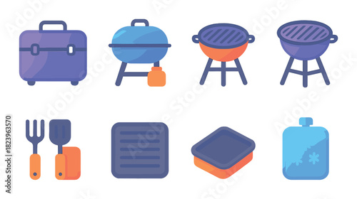 Neon bbq icons: portable grill, charcoal smokers, cooking utensils, cooler