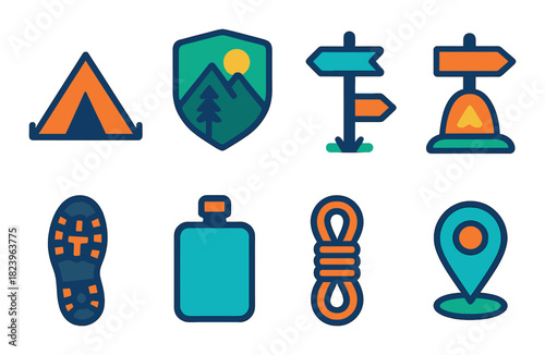 Colorful camping icons with tent, campfire, and map symbols on dark background