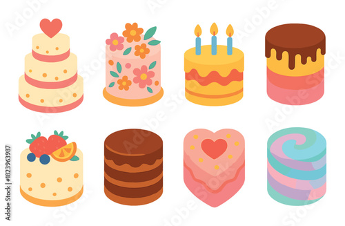 Colorful cartoon cakes collection with hearts, flowers, and candles