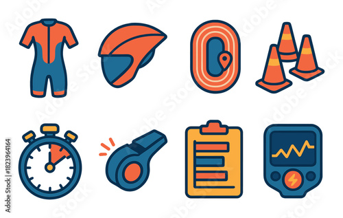 Triathlon gear and training icons featuring stopwatch, whistle, helmet