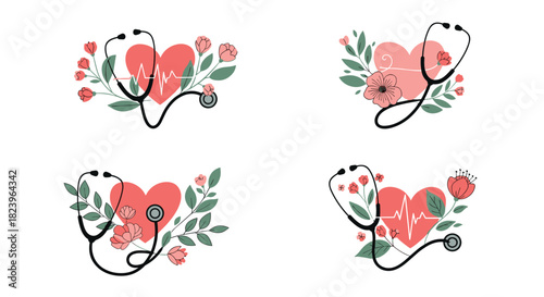 Collection of floral stethoscope designs forming a heart with a cardiogram line to celebrate nurses and healthcare workers.
