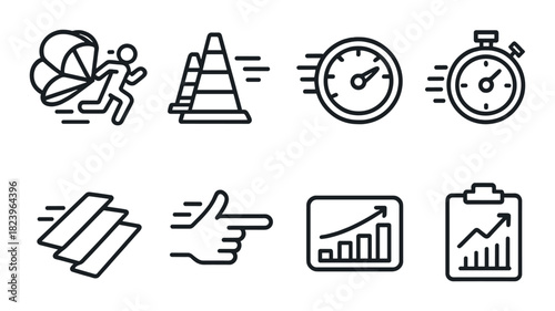 Set of black line icons: sports, speed, and business growth concept