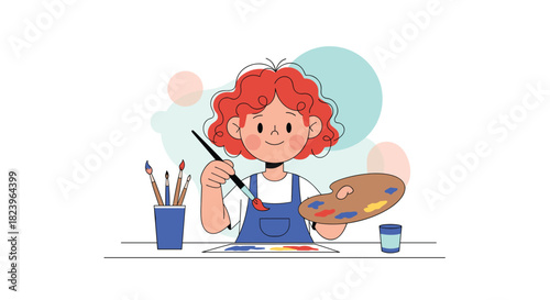 Cute cartoon girl with red hair happily painting with a brush and palette in an art class or as a creative childhood hobby.