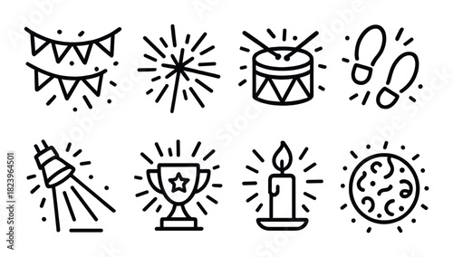 Party celebration icons: decorations, candles, trophies, and fireworks