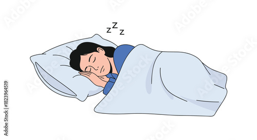 Young woman sleeping peacefully in her bed getting good rest to promote healthy sleep habits in a simple line art drawing.
