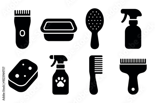Pet grooming tools: clippers, brush, spray bottle, comb, sponge, tray silhouettes