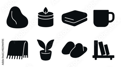 Minimalist icon set: bean bag, candle, book, mug, blanket, plant, slippers, shelf