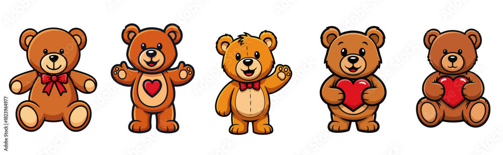 Fototapeta premium Valentine's Day teddy bear set presents cute plush animals with symbolic heart details. Valentine's Day teddy bear assortment, each with unique details like bows or heart emblems,