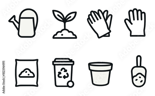 Gardening tools icons set with watering can, gloves, seedling, and more