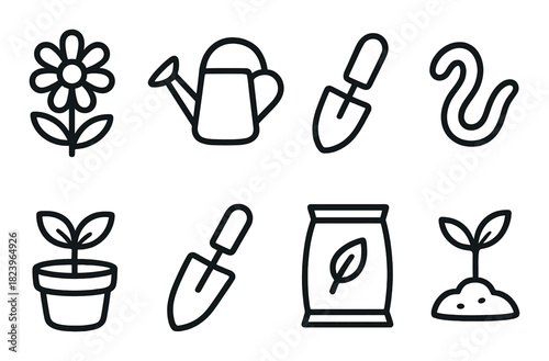 Gardening icons set: flower, watering can, trowel, worm, seedling, fertilizer, plant growth