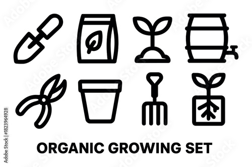 Organic gardening tools and icons set for sustainable plant growth