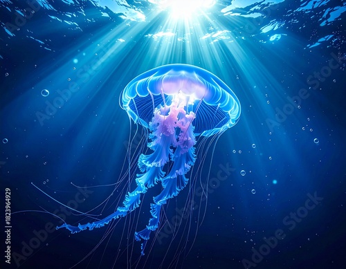 A glowing blue jellyfish drifting through deep ocean waters, showcasing its luminous tentacles in a serene underwater scene.