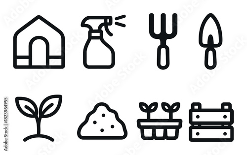 Gardening tool icons: spray bottle, trowel, rake, seed planting, and more