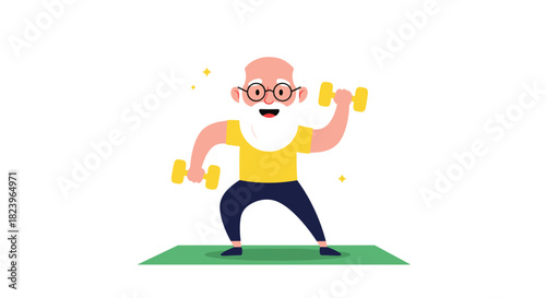 Happy and active senior man with a white beard exercising with dumbbells for a healthy and fit retirement lifestyle concept.