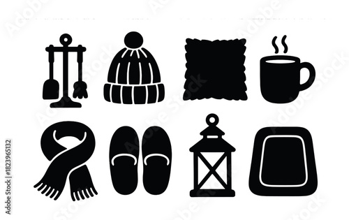 Cozy winter essentials: hat, pillow, mug, scarf, slippers, lantern