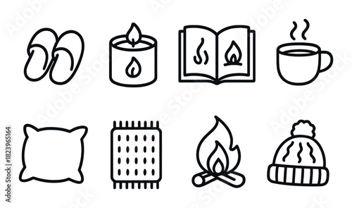 Cozy home essentials icons: slippers, candle, book, mug, pillow, blanket, fireplace