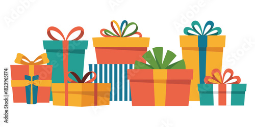 Brightly colored gift boxes with ribbons and bows for celebration