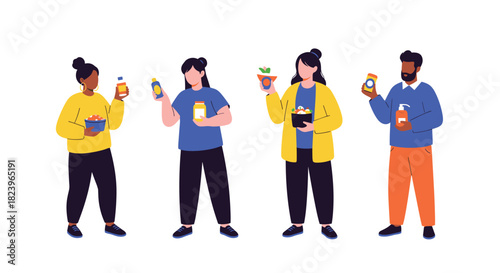 Diverse group of people holding and showing various healthy food products and supplements for a nutrition concept illustration.