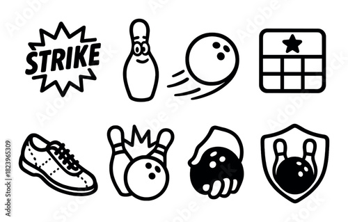 Bowling icons set: strike, pins, ball, shoe, scoreboard