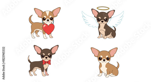 Set of four cute cartoon chihuahua dog characters in different poses including one with angel wings and another with a heart.