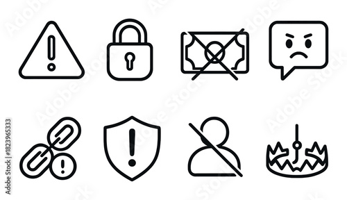 Security and warning symbols: lock, alert, danger, money, trap, shield