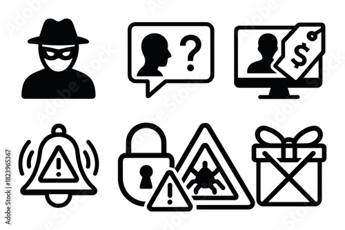 Cybersecurity threat icons illustrating online dangers and malware warnings