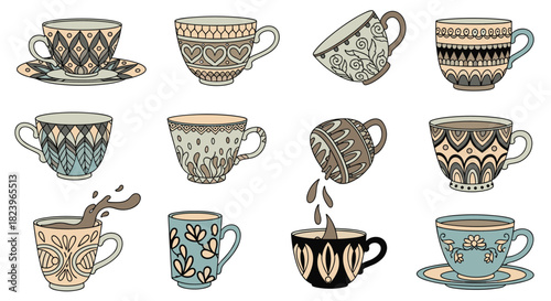 Collection of hand-drawn teacups and mugs with intricate patterns and designs in a cozy doodle style for a coffee shop.