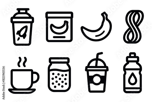 Black and gray beverage and snack icons: shaker, jar, banana, coffee, juice, water bottle