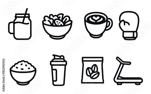 Fitness lifestyle icons: smoothies, salad, coffee, and gym equipment on black background