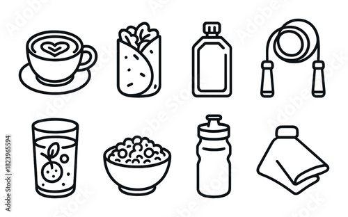 Fitness and nutrition icons: coffee, burrito, water bottle, jump rope, orange juice, cereal, towel