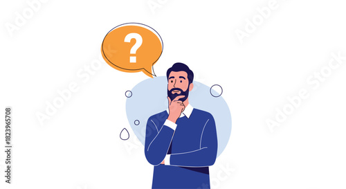 Thoughtful man with a beard thinking with his hand on his chin and a question mark in a speech bubble above his head.