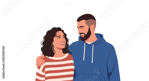 Happy and smiling young couple in a loving embrace looking at each other in a beautiful and realistic vector portrait.