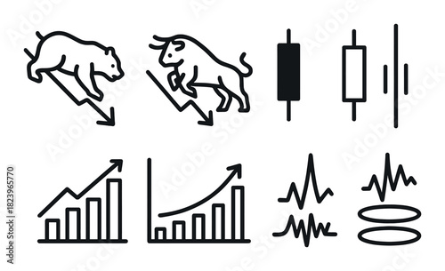 Bear and bull market symbols with graph and candlestick icons
