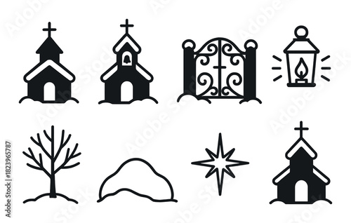 Winter church symbols silhouettes with lantern and star motifs on dark background