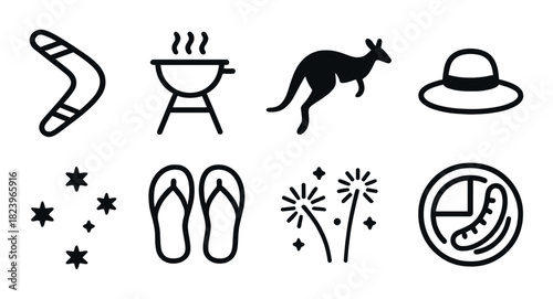 Australian icons: boomerang, kangaroo, bbq, hat, stars, flip flops, fireworks, sausage