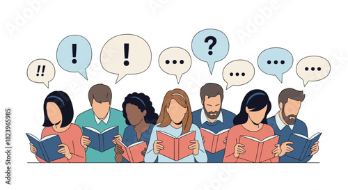 Diverse group of people reading books together with various speech bubbles above their heads representing a book club discussion.