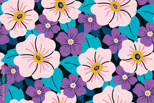 Seamless floral pattern, retro style ditsy print with large daisies. Cute botanical design of hand drawn white, purple flowers, blue leaves in abstract composition. Vector illustration.