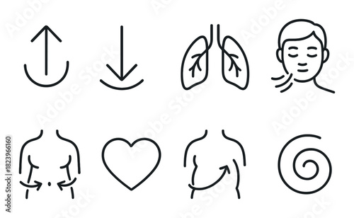 Minimalist health icons: breathing, digestion, and movement symbols in black and gray