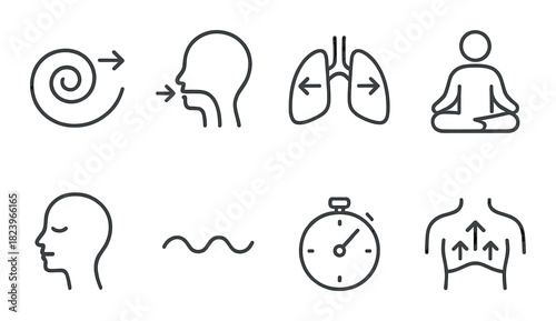 Breathing techniques icons: meditation, mindfulness, relaxation, lung health