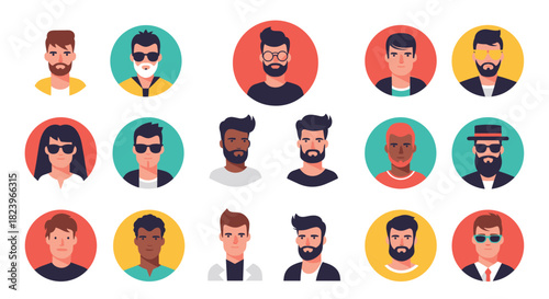 Diverse collection of modern flat design male avatars in circles for user profiles showing different hairstyles and ethnicities.